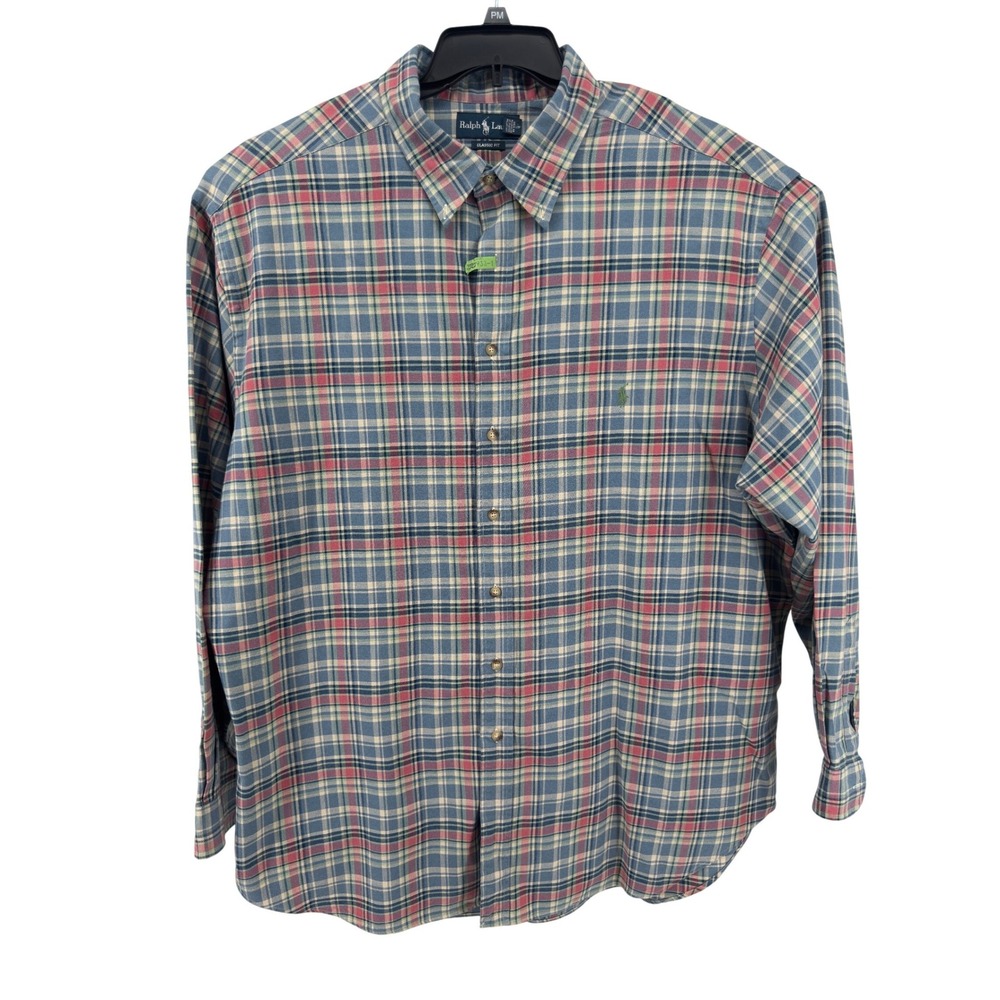 Ralph Lauren Shirt Mens 4XLT Blue Pink Plaid Classic Fit Cotton Flannel‎ Shirt